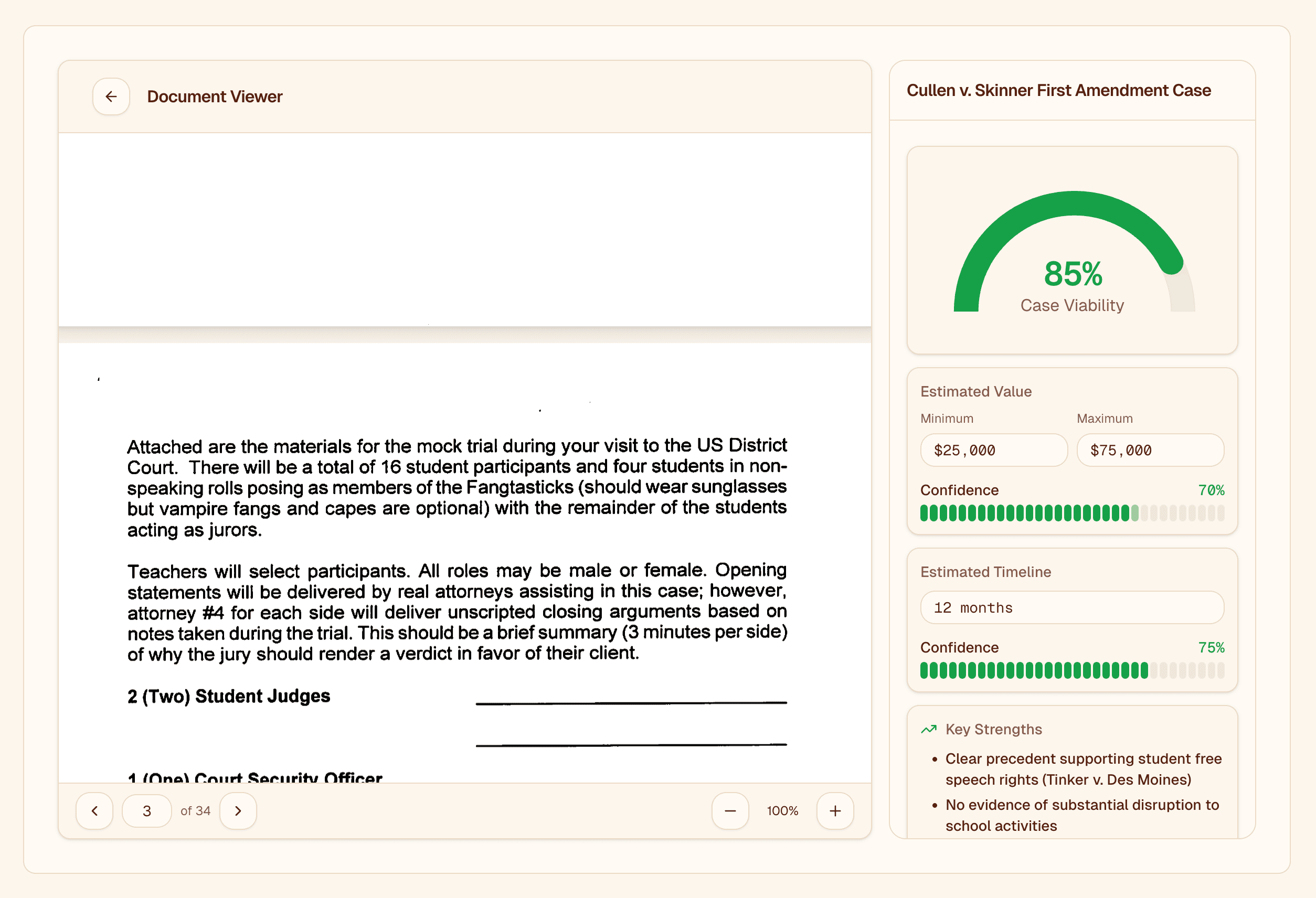 AI-powered legal case analysis dashboard showing real-time case screening results